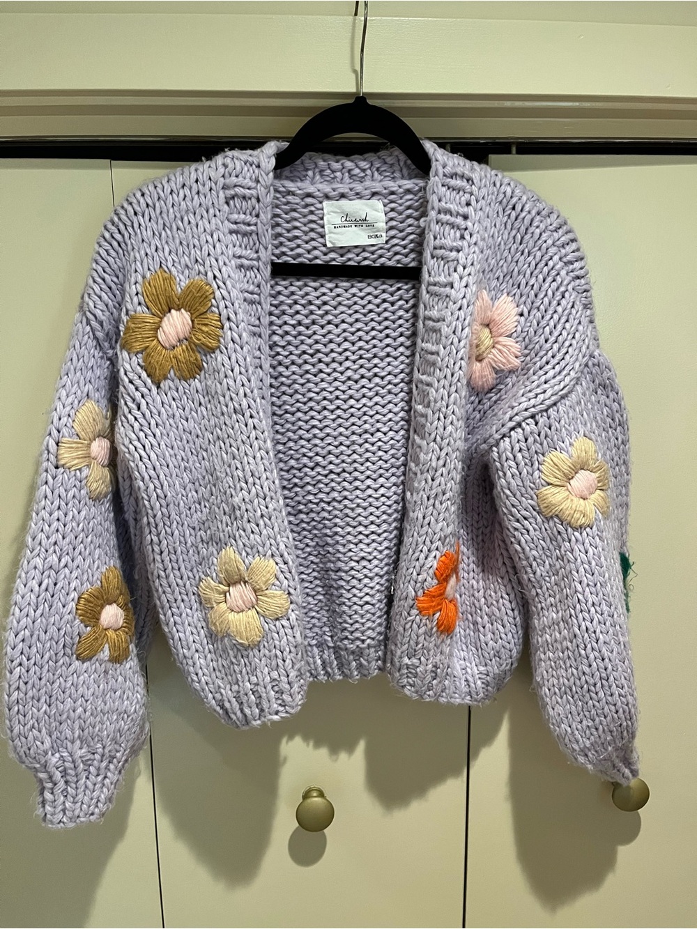 Chicwish Lavender Chunky Knit Cardigan with Multicolor Floral Embroidery